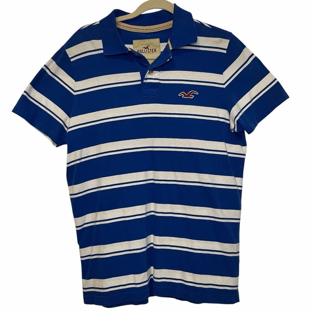 Hollister Men’s Striped Polo Shirt Blue White Short Sleeve Collared XL
